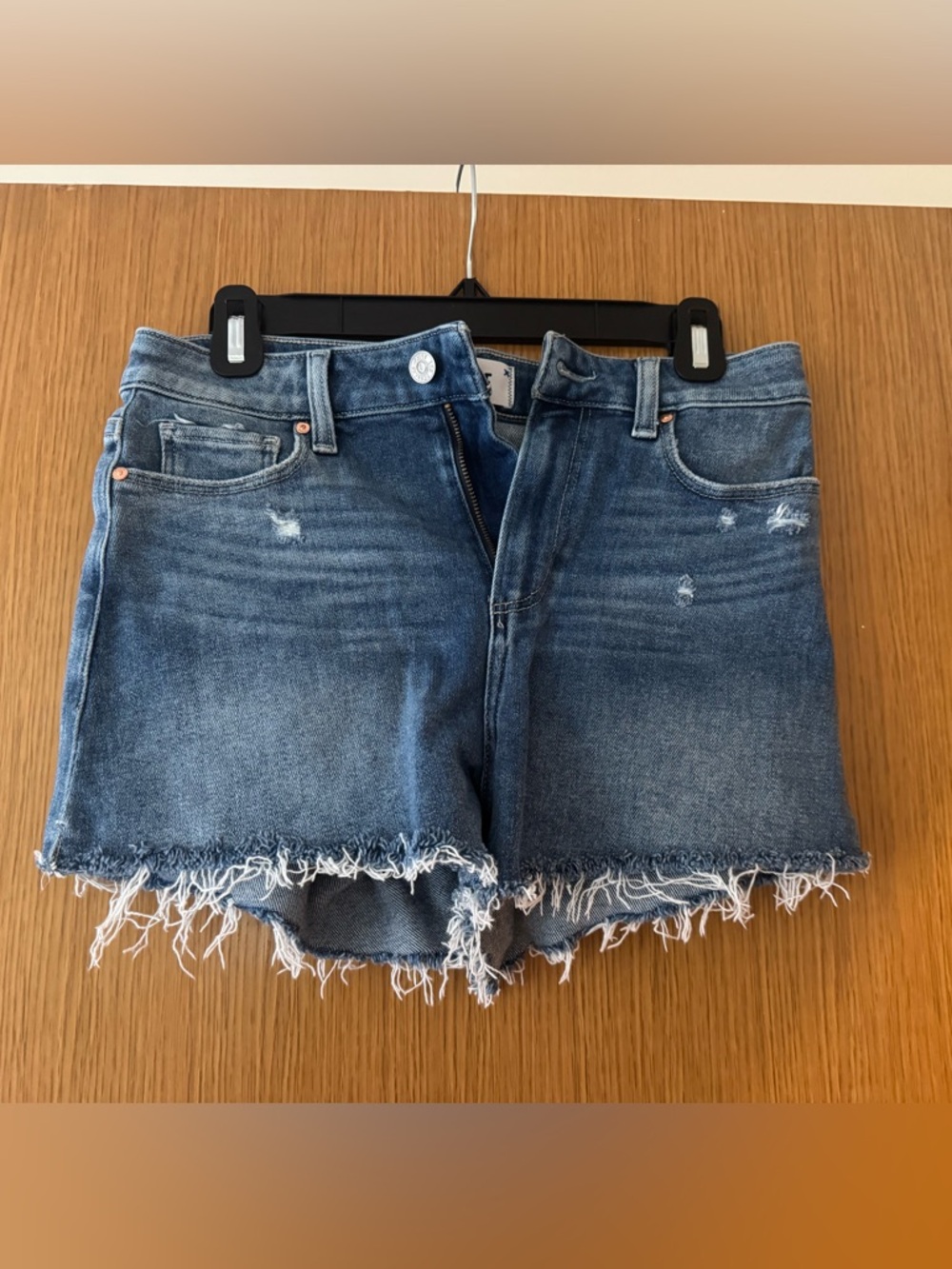 PAIGE Distressed Blue Jean Shorts